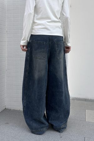 Vintage Water-Washed Curved Blade Wide-Leg Jeans for Women, Loose Fit Floor-Length Pants with Draping Design, Y2K Style
