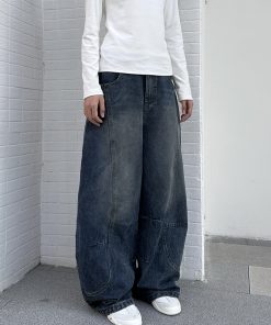 Vintage Water-Washed Curved Blade Wide-Leg Jeans for Women, Loose Fit Floor-Length Pants with Draping Design, Y2K Style