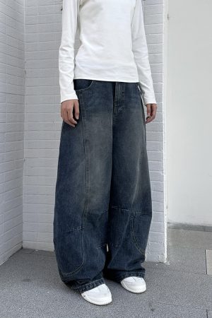 Vintage Water-Washed Curved Blade Wide-Leg Jeans for Women, Loose Fit Floor-Length Pants with Draping Design, Y2K Style