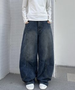 Vintage Water-Washed Curved Blade Wide-Leg Jeans for Women, Loose Fit Floor-Length Pants with Draping Design, Y2K Style