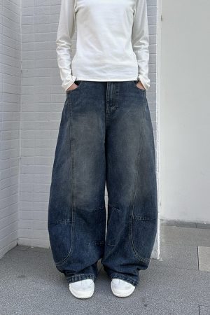 Vintage Water-Washed Curved Blade Wide-Leg Jeans for Women, Loose Fit Floor-Length Pants with Draping Design, Y2K Style