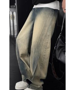 Vintage Water-Washed Yellow Mud Color Men's Wide-Leg Jeans with Deconstructed Design - Retro American High Street Style for Spring