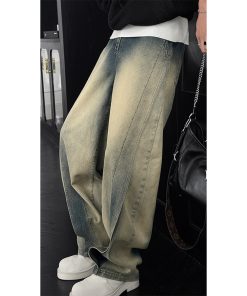 Vintage Water-Washed Yellow Mud Color Men's Wide-Leg Jeans with Deconstructed Design - Retro American High Street Style for Spring