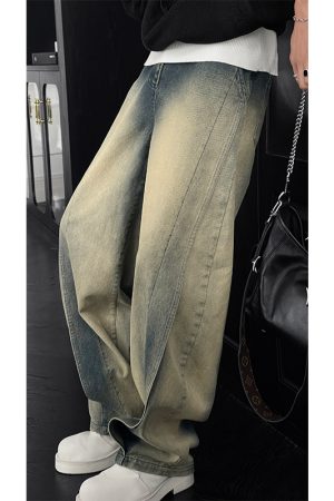 Vintage Water-Washed Yellow Mud Color Men's Wide-Leg Jeans with Deconstructed Design - Retro American High Street Style for Spring