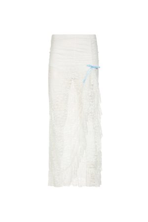 Vintage White Lace Bow Ruffled Split Midi Skirt - Sexy Vacation Style Long Skirt for Summer, Y2K Fashion