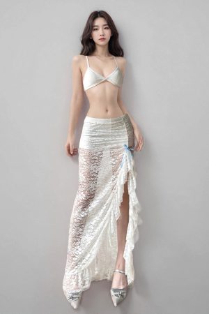 Vintage White Lace Bow Ruffled Split Midi Skirt - Sexy Vacation Style Long Skirt for Summer, Y2K Fashion