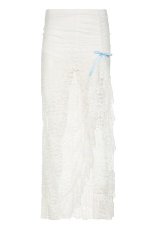 Vintage White Lace Bow Ruffled Split Midi Skirt - Sexy Vacation Style Long Skirt for Summer, Y2K Fashion