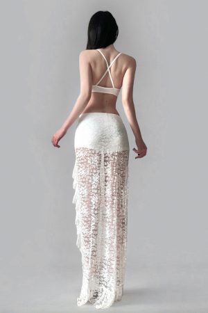 Vintage White Lace Bow Ruffled Split Midi Skirt - Sexy Vacation Style Long Skirt for Summer, Y2K Fashion