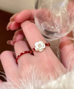 Vintage Wine Red Drip Glaze Camellia Ring for Women, 2025 Minimalist Adjustable Finger Ring, Floral Design, Statement Jewelry