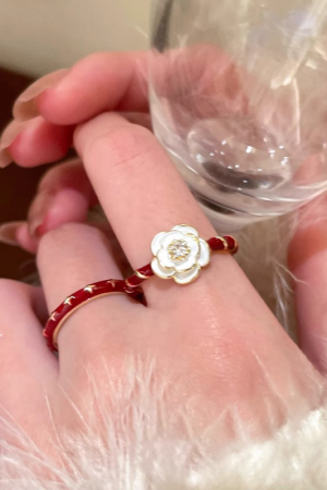 Vintage Wine Red Drip Glaze Camellia Ring for Women, 2025 Minimalist Adjustable Finger Ring, Floral Design, Statement Jewelry