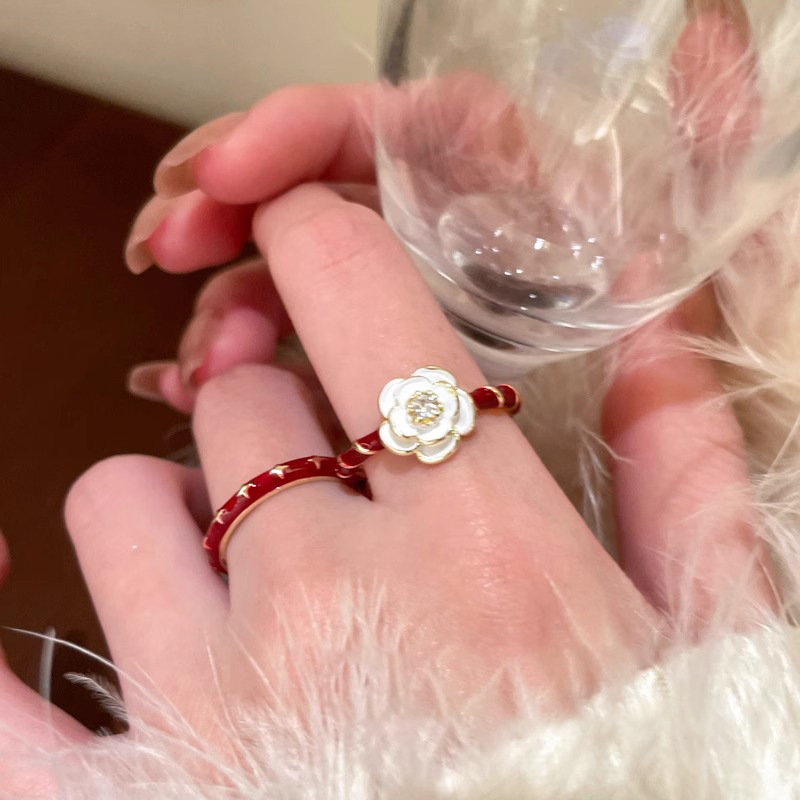 Vintage Wine Red Drip Glaze Camellia Ring for Women, 2025 Minimalist Adjustable Finger Ring, Floral Design, Statement Jewelry