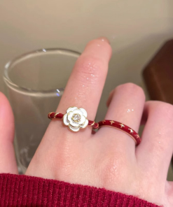 Vintage Wine Red Drip Glaze Camellia Ring for Women, 2025 Minimalist Adjustable Finger Ring, Floral Design, Statement Jewelry
