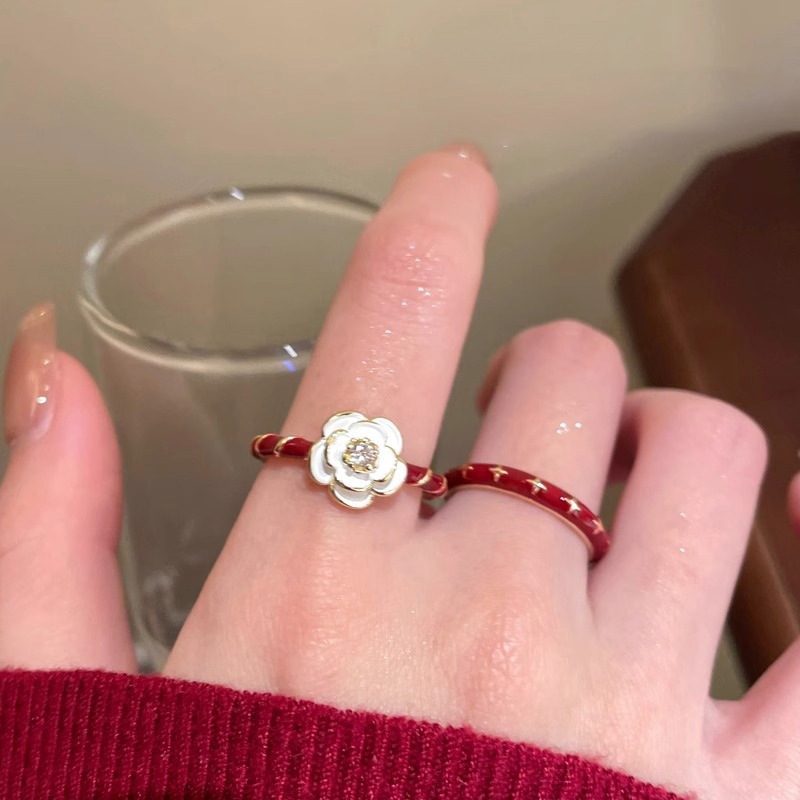 Vintage Wine Red Drip Glaze Camellia Ring for Women, 2025 Minimalist Adjustable Finger Ring, Floral Design, Statement Jewelry