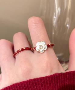Vintage Wine Red Drip Glaze Camellia Ring for Women, 2025 Minimalist Adjustable Finger Ring, Floral Design, Statement Jewelry