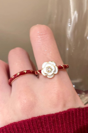 Vintage Wine Red Drip Glaze Camellia Ring for Women, 2025 Minimalist Adjustable Finger Ring, Floral Design, Statement Jewelry