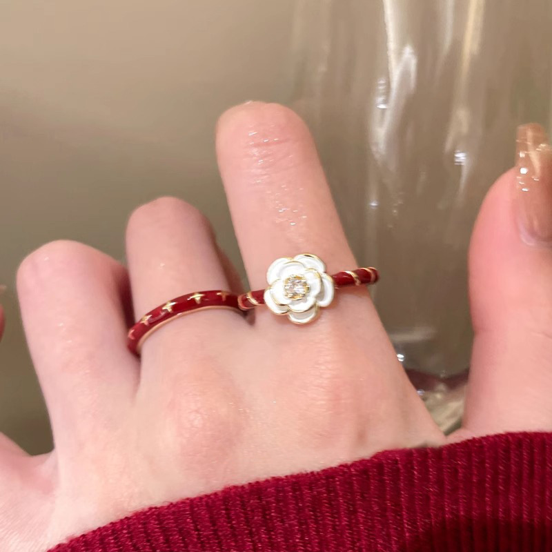 Vintage Wine Red Drip Glaze Camellia Ring for Women, 2025 Minimalist Adjustable Finger Ring, Floral Design, Statement Jewelry