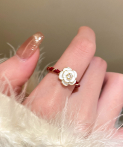 Vintage Wine Red Drip Glaze Camellia Ring for Women, 2025 Minimalist Adjustable Finger Ring, Floral Design, Statement Jewelry