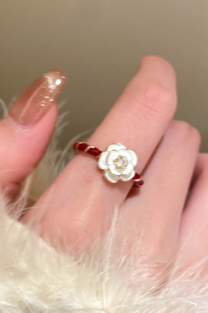 Vintage Wine Red Drip Glaze Camellia Ring for Women, 2025 Minimalist Adjustable Finger Ring, Floral Design, Statement Jewelry