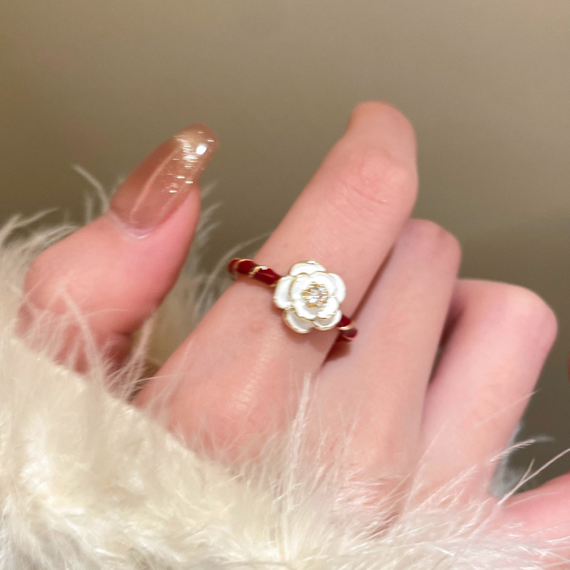 Vintage Wine Red Drip Glaze Camellia Ring for Women, 2025 Minimalist Adjustable Finger Ring, Floral Design, Statement Jewelry