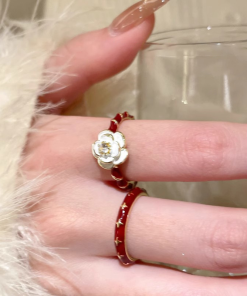 Vintage Wine Red Drip Glaze Camellia Ring for Women, 2025 Minimalist Adjustable Finger Ring, Floral Design, Statement Jewelry