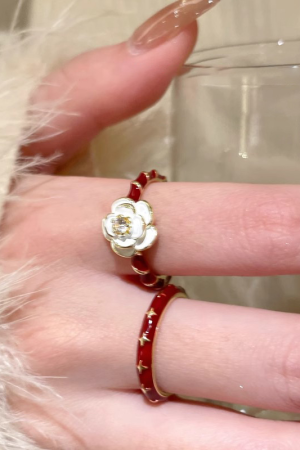 Vintage Wine Red Drip Glaze Camellia Ring for Women, 2025 Minimalist Adjustable Finger Ring, Floral Design, Statement Jewelry