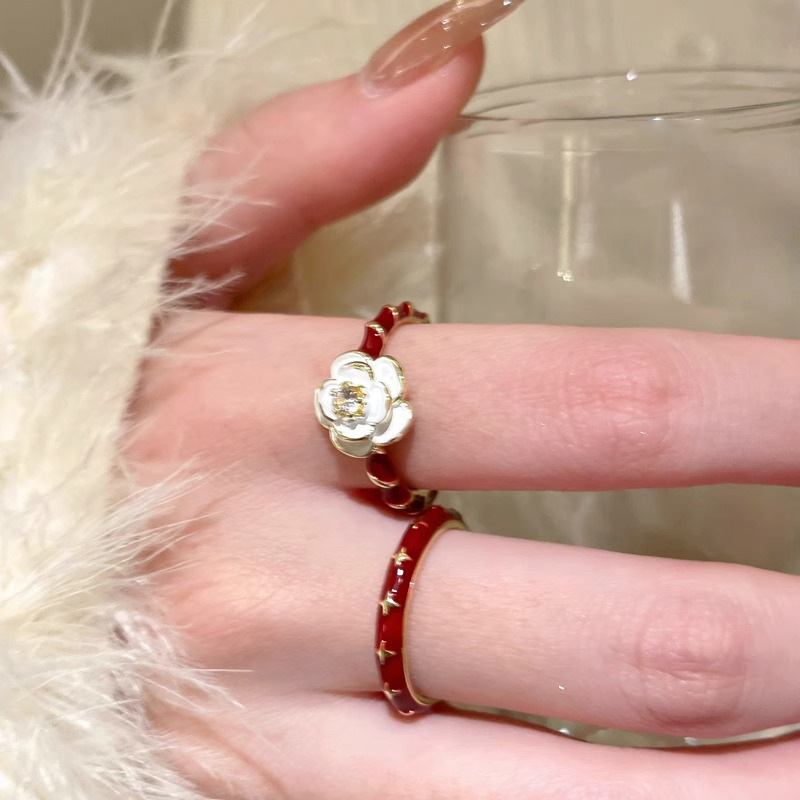 Vintage Wine Red Drip Glaze Camellia Ring for Women, 2025 Minimalist Adjustable Finger Ring, Floral Design, Statement Jewelry