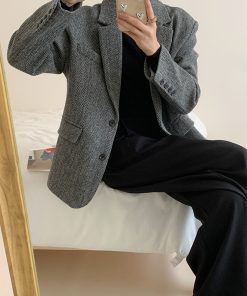 Vintage Woolen Houndstooth Suit Jacket for Women - Padded Shoulder Loose Fit Blazer for Autumn and Winter Fashion