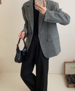 Vintage Woolen Houndstooth Suit Jacket for Women - Padded Shoulder Loose Fit Blazer for Autumn and Winter Fashion