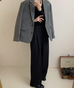 Vintage Woolen Houndstooth Suit Jacket for Women - Padded Shoulder Loose Fit Blazer for Autumn and Winter Fashion