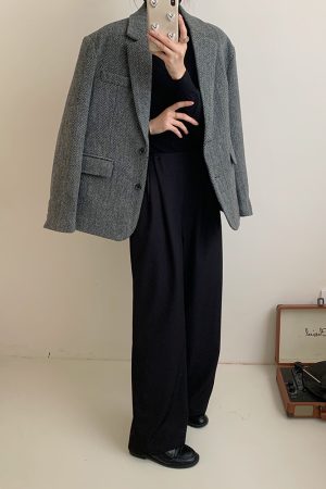 Vintage Woolen Houndstooth Suit Jacket for Women - Padded Shoulder Loose Fit Blazer for Autumn and Winter Fashion