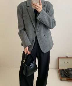 Vintage Woolen Houndstooth Suit Jacket for Women - Padded Shoulder Loose Fit Blazer for Autumn and Winter Fashion