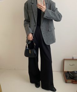 Vintage Woolen Houndstooth Suit Jacket for Women - Padded Shoulder Loose Fit Blazer for Autumn and Winter Fashion
