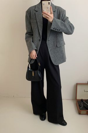 Vintage Woolen Houndstooth Suit Jacket for Women - Padded Shoulder Loose Fit Blazer for Autumn and Winter Fashion
