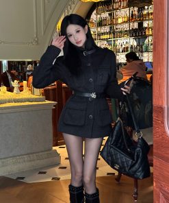 Vintage Woolen Loose Coat for Women - High-End Old Money Style, Mid-Length, Stand Collar, Lightweight Black Outerwear for Autumn Winter