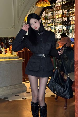 Vintage Woolen Loose Coat for Women - High-End Old Money Style, Mid-Length, Stand Collar, Lightweight Black Outerwear for Autumn Winter