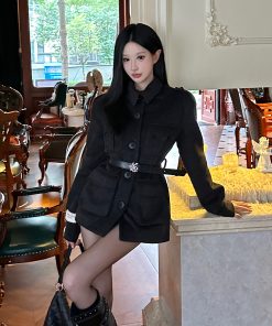 Vintage Woolen Loose Coat for Women - High-End Old Money Style, Mid-Length, Stand Collar, Lightweight Black Outerwear for Autumn Winter