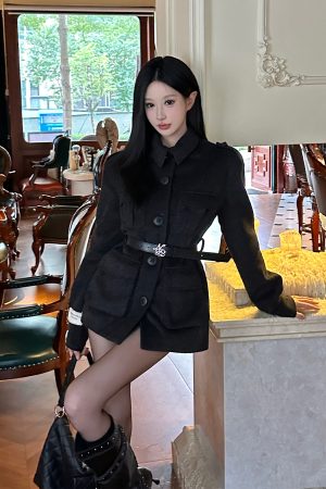Vintage Woolen Loose Coat for Women - High-End Old Money Style, Mid-Length, Stand Collar, Lightweight Black Outerwear for Autumn Winter