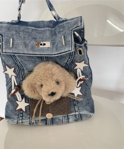 Vintage Y2K Denim Backpack with Dog Plush Detail, Washable Book Bag for Commuting and Classroom Use