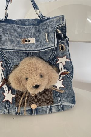 Vintage Y2K Denim Backpack with Dog Plush Detail, Washable Book Bag for Commuting and Classroom Use