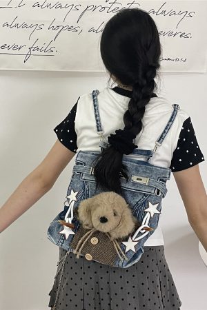 Vintage Y2K Denim Backpack with Dog Plush Detail, Washable Book Bag for Commuting and Classroom Use