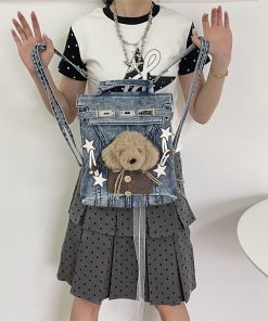 Vintage Y2K Denim Backpack with Dog Plush Detail, Washable Book Bag for Commuting and Classroom Use