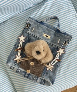 Vintage Y2K Denim Backpack with Dog Plush Detail, Washable Book Bag for Commuting and Classroom Use