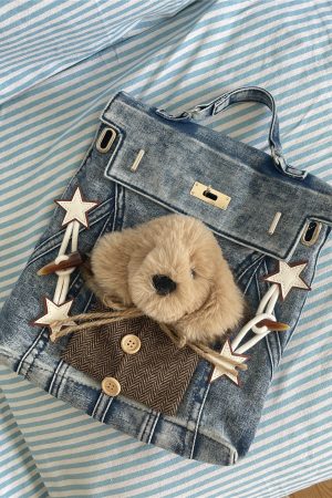 Vintage Y2K Denim Backpack with Dog Plush Detail, Washable Book Bag for Commuting and Classroom Use