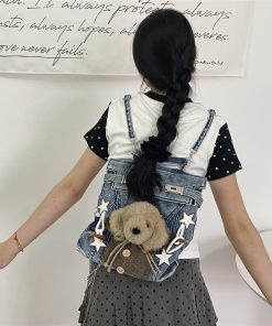 Vintage Y2K Denim Backpack with Dog Plush Detail, Washable Book Bag for Commuting and Classroom Use
