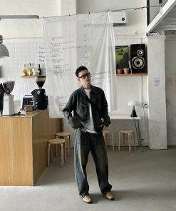 Vintage Yellow-Green Washed Denim Pants for Men - Casual Loose Straight-Leg Trousers, Perfect for Autumn Style