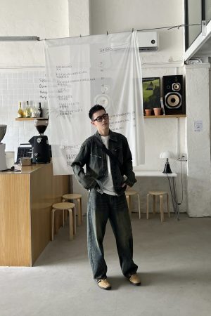 Vintage Yellow-Green Washed Denim Pants for Men - Casual Loose Straight-Leg Trousers, Perfect for Autumn Style