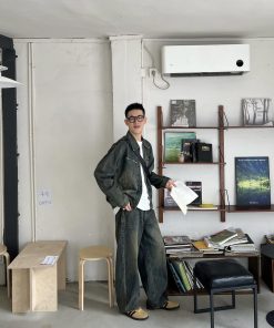 Vintage Yellow-Green Washed Denim Pants for Men - Casual Loose Straight-Leg Trousers, Perfect for Autumn Style