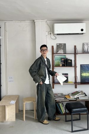Vintage Yellow-Green Washed Denim Pants for Men - Casual Loose Straight-Leg Trousers, Perfect for Autumn Style