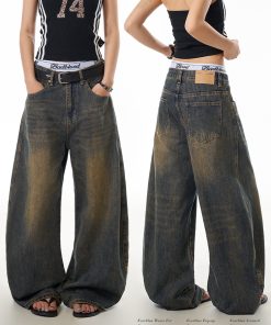 Vintage Yellow Mud Dyed Curved Blade Jeans for Women, Washed Distressed Loose Wide-Leg Casual Pants, Y2K Fashion