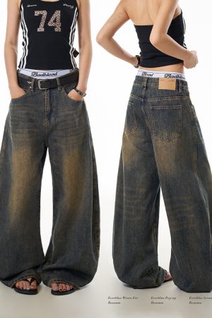 Vintage Yellow Mud Dyed Curved Blade Jeans for Women, Washed Distressed Loose Wide-Leg Casual Pants, Y2K Fashion